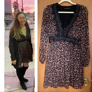 Zara V Neck Sheer Long Sleeve Mini Floral Babydoll Dress with lace trim